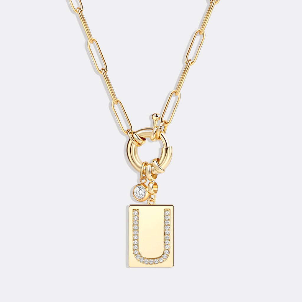 Pave Initial Pendant Necklace with Paperclip Chain