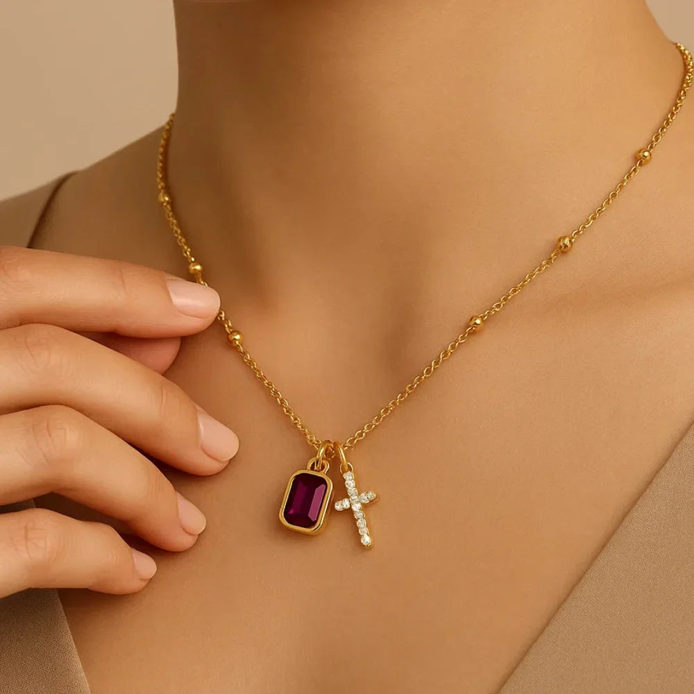 Birthstone Cross Pendant Necklace