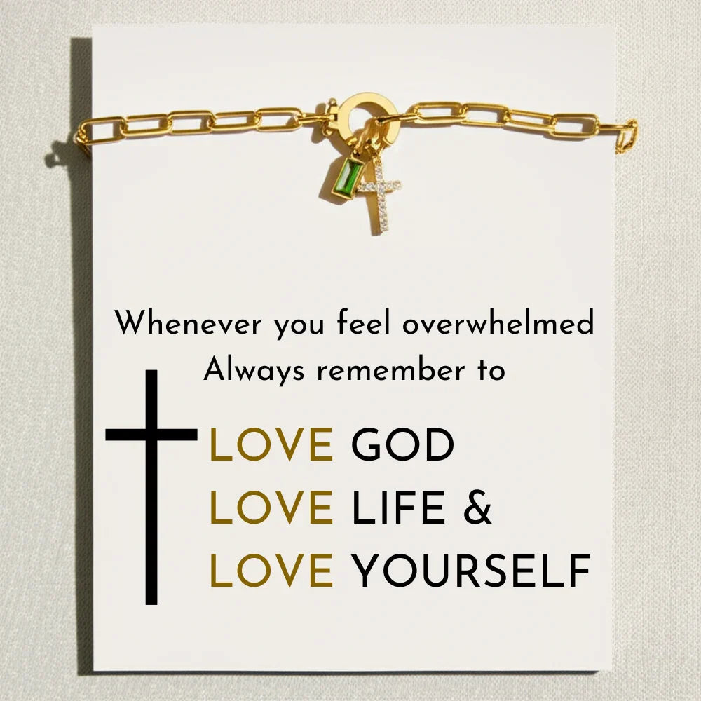 Birthstone Cross Charm Bracelet with Paperclip Design