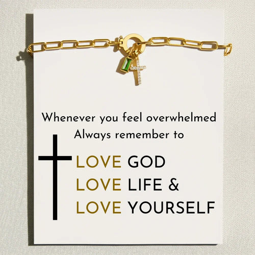 Birthstone Cross Charm Bracelet with Paperclip Design
