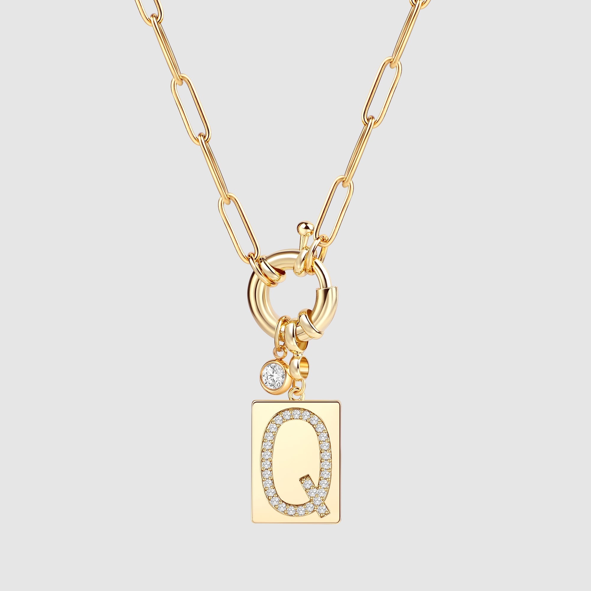 Pave Initial Pendant Necklace with Paperclip Chain