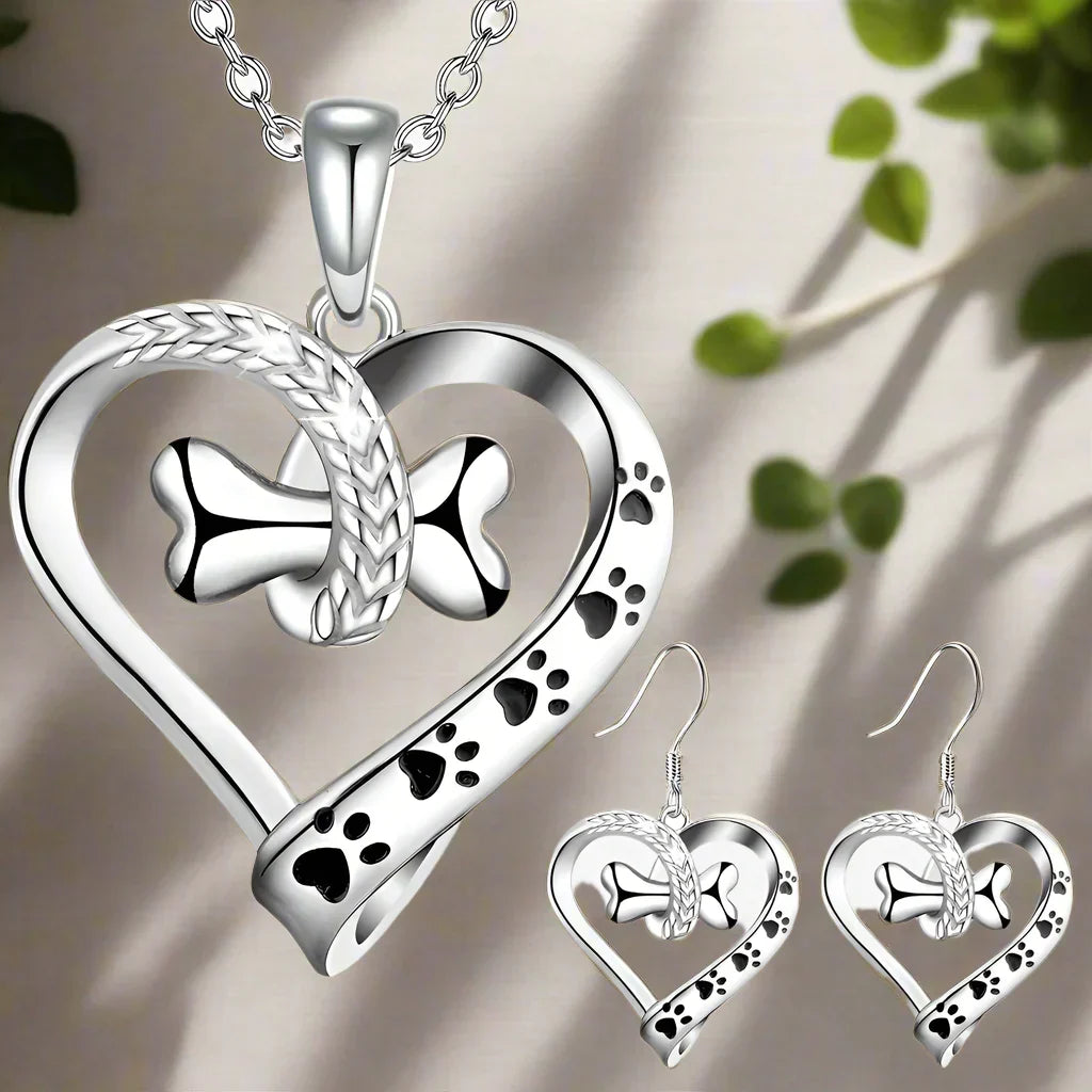 2-Piece Jewelry Set Featuring Paw, Heart, and Bone Charms