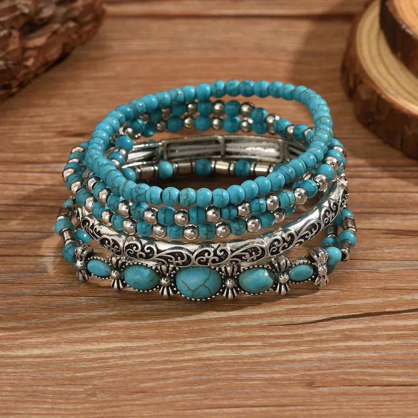 Caroline – Bohemian Bracelet Set Featuring Turquoise Beads