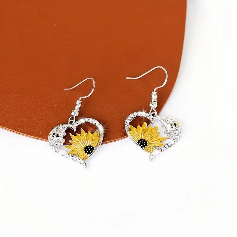 Retro Bohemian Heart Earrings Featuring Sunflower and Bee Design