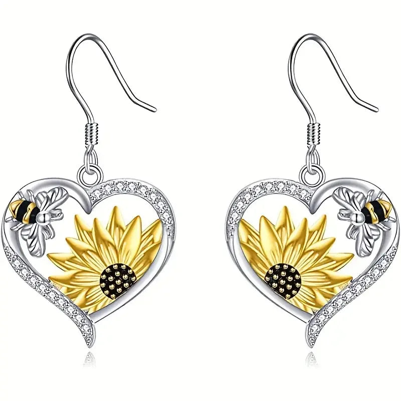 Retro Bohemian Heart Earrings Featuring Sunflower and Bee Design