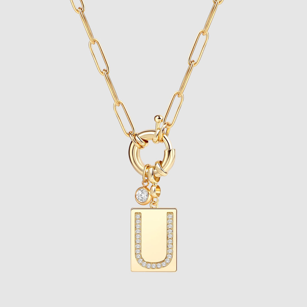 Pave Initial Pendant Necklace with Paperclip Chain