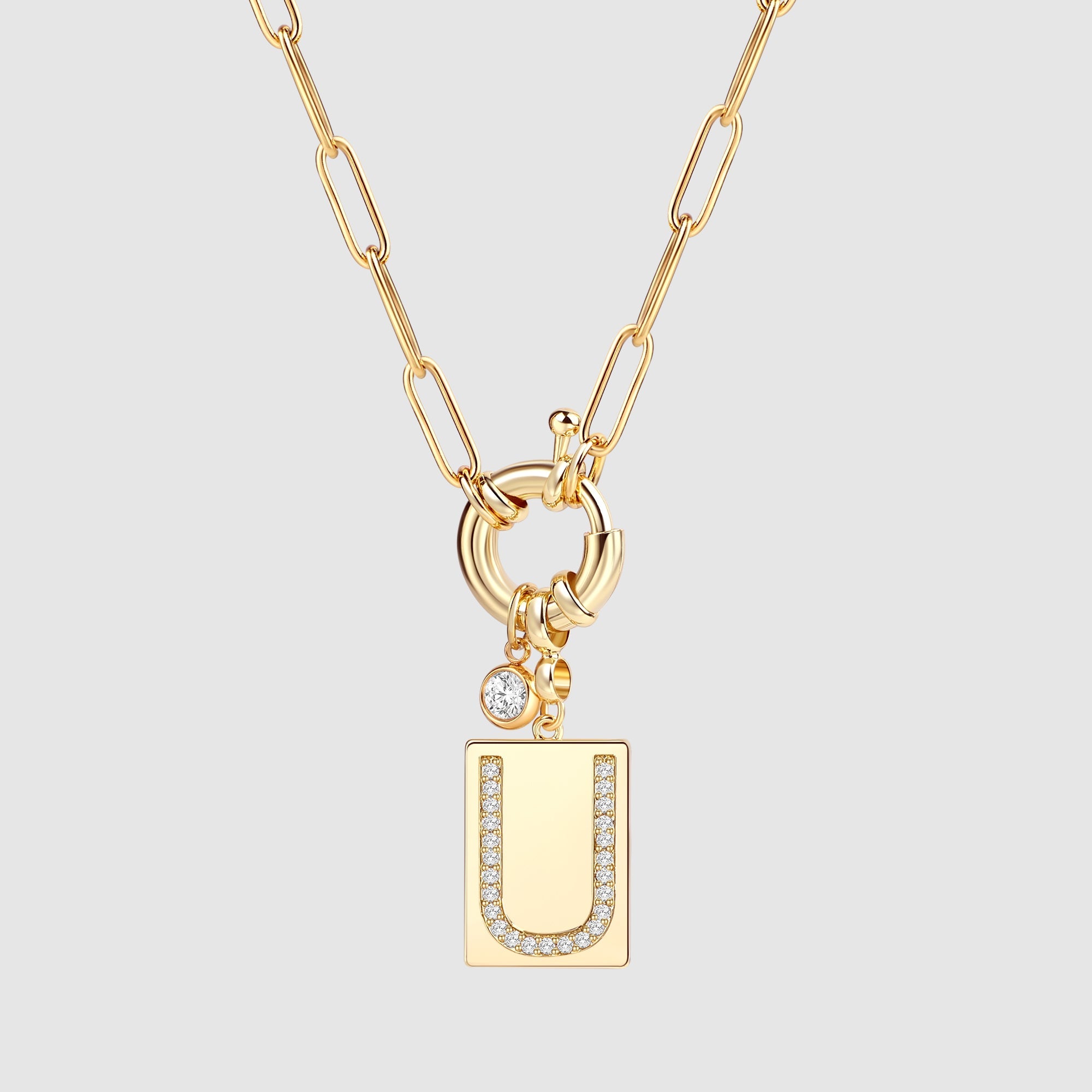 Pave Initial Pendant Necklace with Paperclip Chain