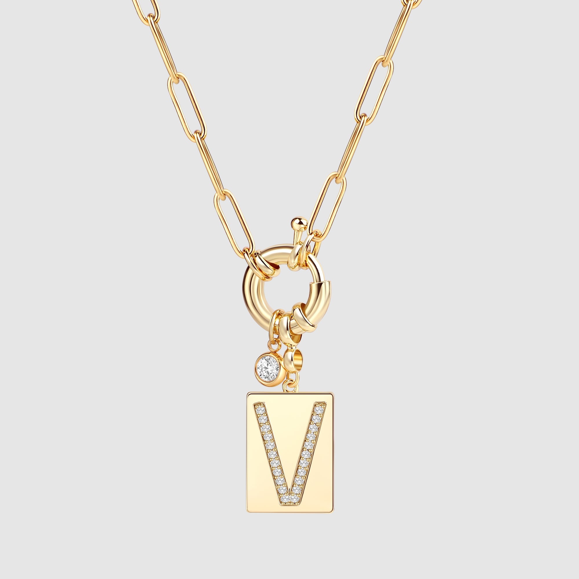 Pave Initial Pendant Necklace with Paperclip Chain