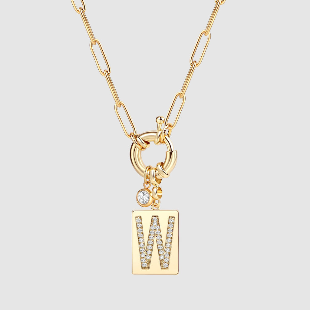 Pave Initial Pendant Necklace with Paperclip Chain