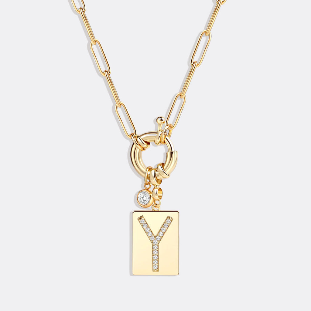 Pave Initial Pendant Necklace with Paperclip Chain