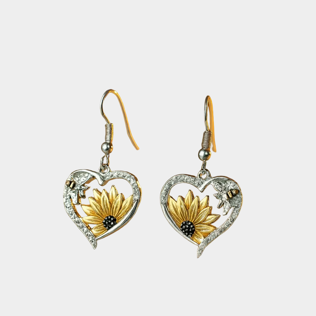Retro Bohemian Heart Earrings Featuring Sunflower and Bee Design