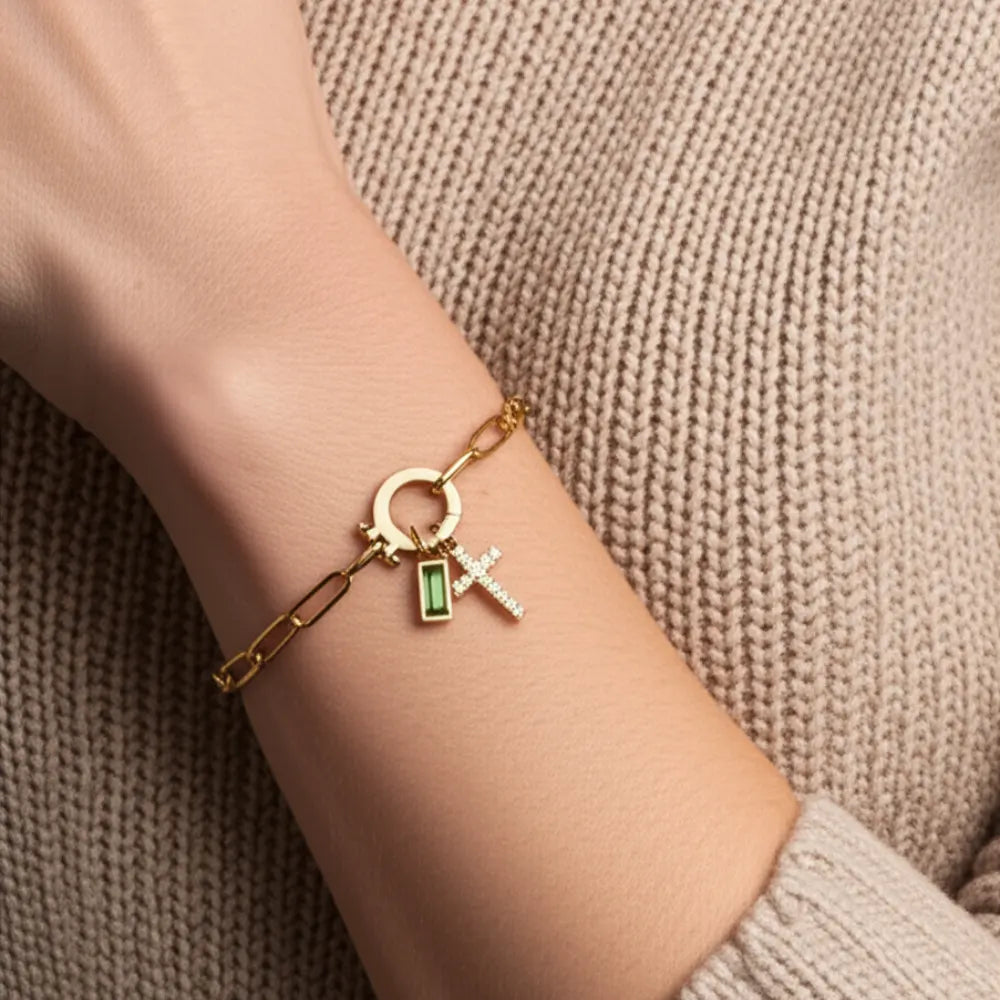 Birthstone Cross Charm Bracelet with Paperclip Design