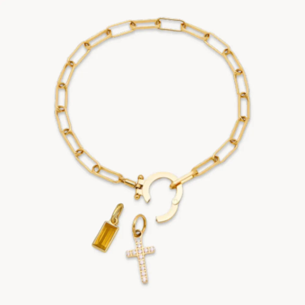 Birthstone Cross Charm Bracelet with Paperclip Design