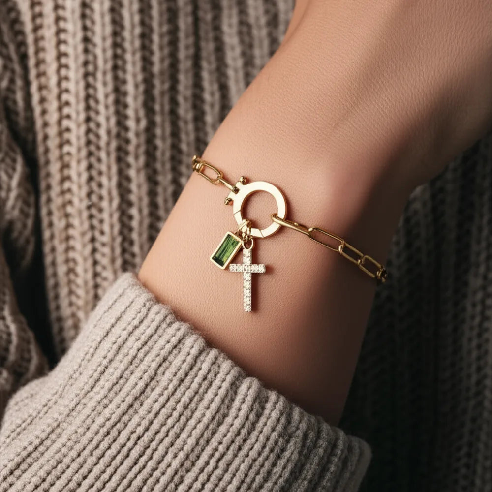 Birthstone Cross Charm Bracelet with Paperclip Design
