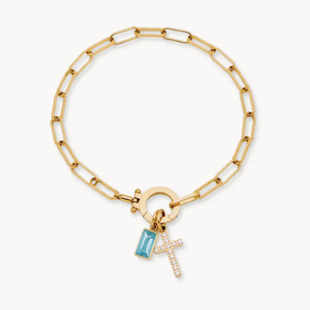 Birthstone Cross Charm Bracelet with Paperclip Design